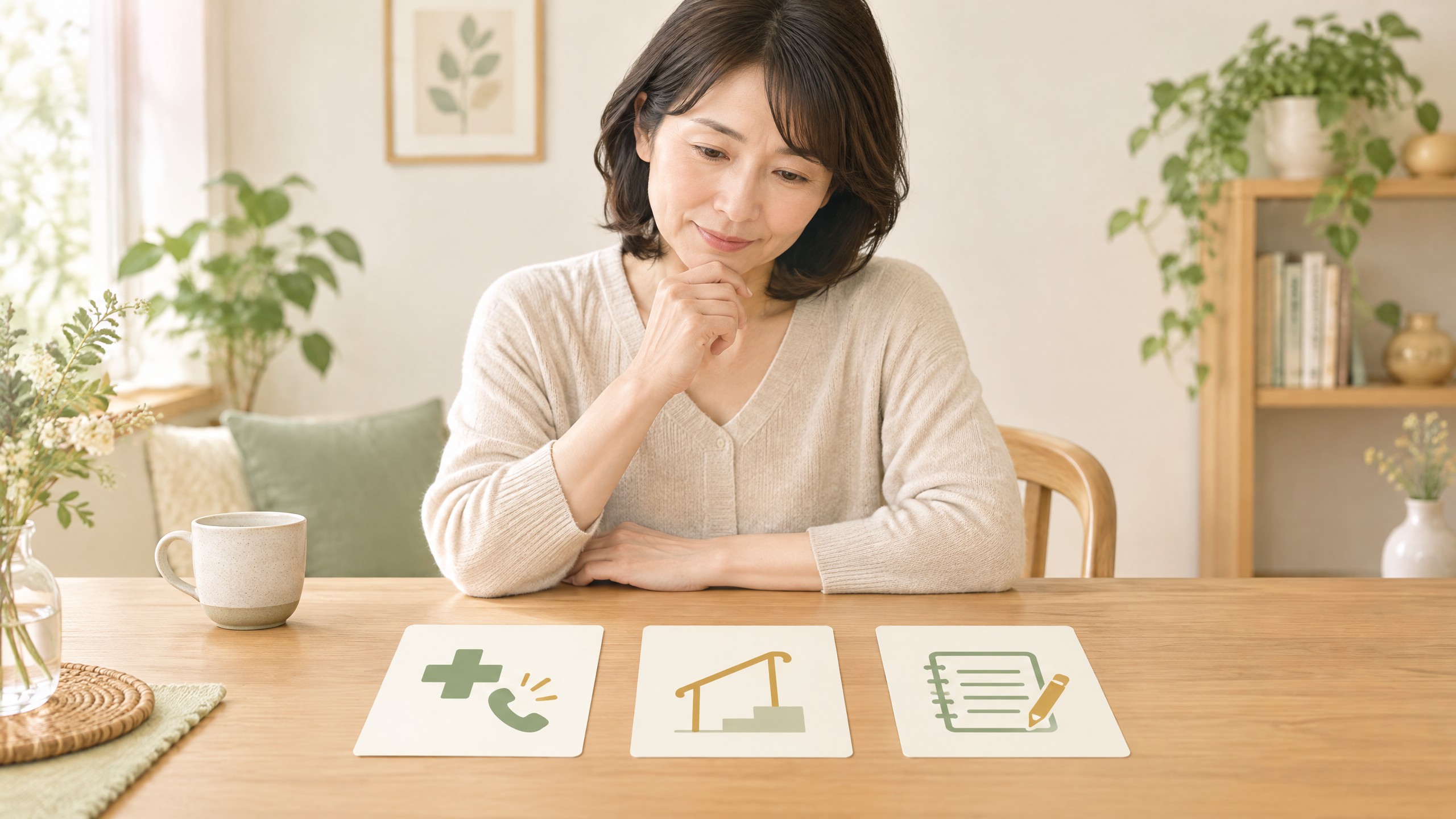 医療相談・階段での負担調整・症状記録という三つの行動を整理する女性
