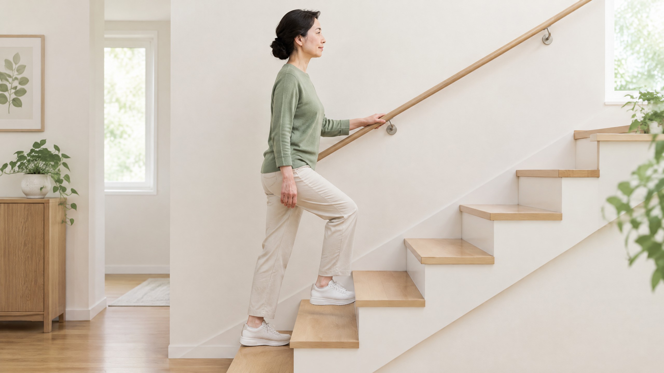 片手を空けて手すりを持ち、落ち着いて一段ずつ階段を上る女性