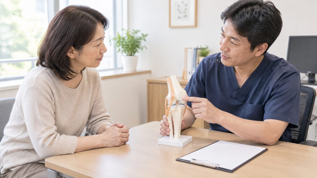 膝の模型と症状メモを使いながら医師へ状態を相談する女性