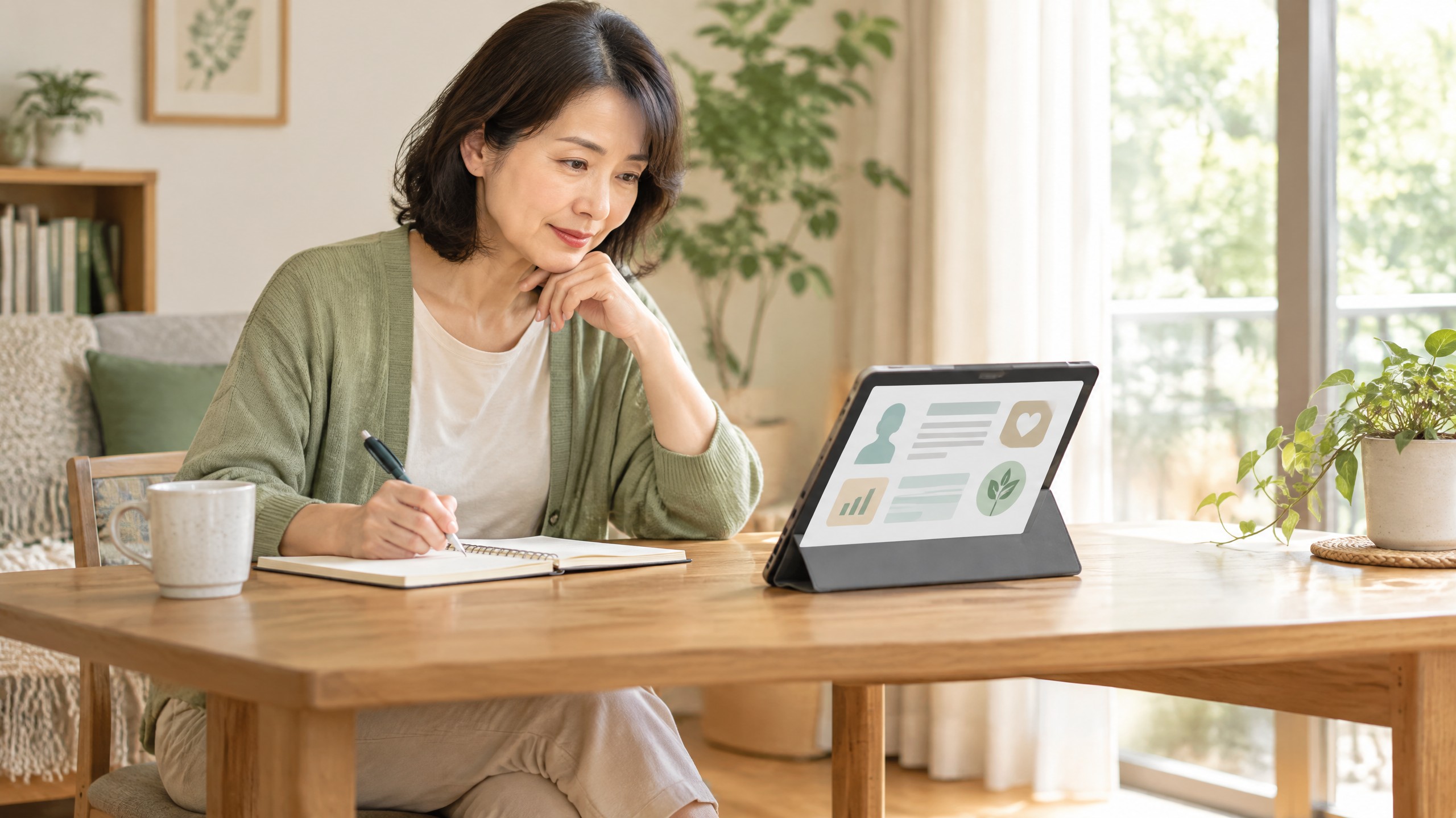 タブレットで健康情報を読み、疑問点をノートに書き出す女性