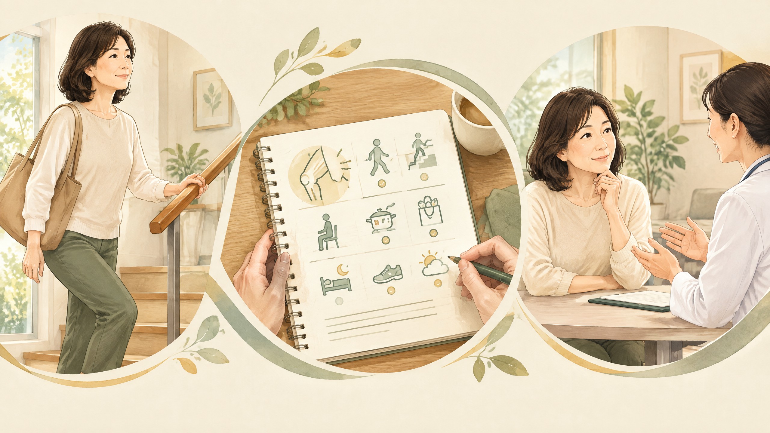 手すりでの安全確保・生活の記録・専門職への相談という三つの流れを示すイラスト